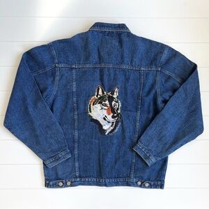 Blue Denim Jacket with Wolf Embroidery
